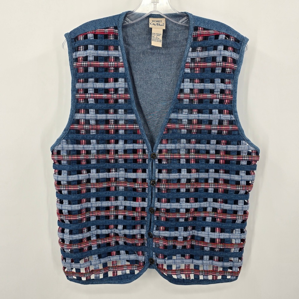 Vintage Koret City Blues Womens Denim Vest Plaid Lattice Weave Large Americana‎